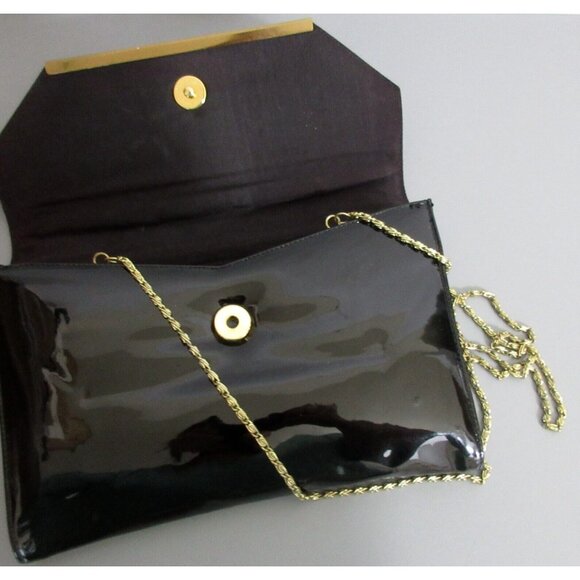 Crossbody Purse Black Faux Patent Leather Envelope Flap Clutch Bag Magnetic Snap - Picture 6 of 8